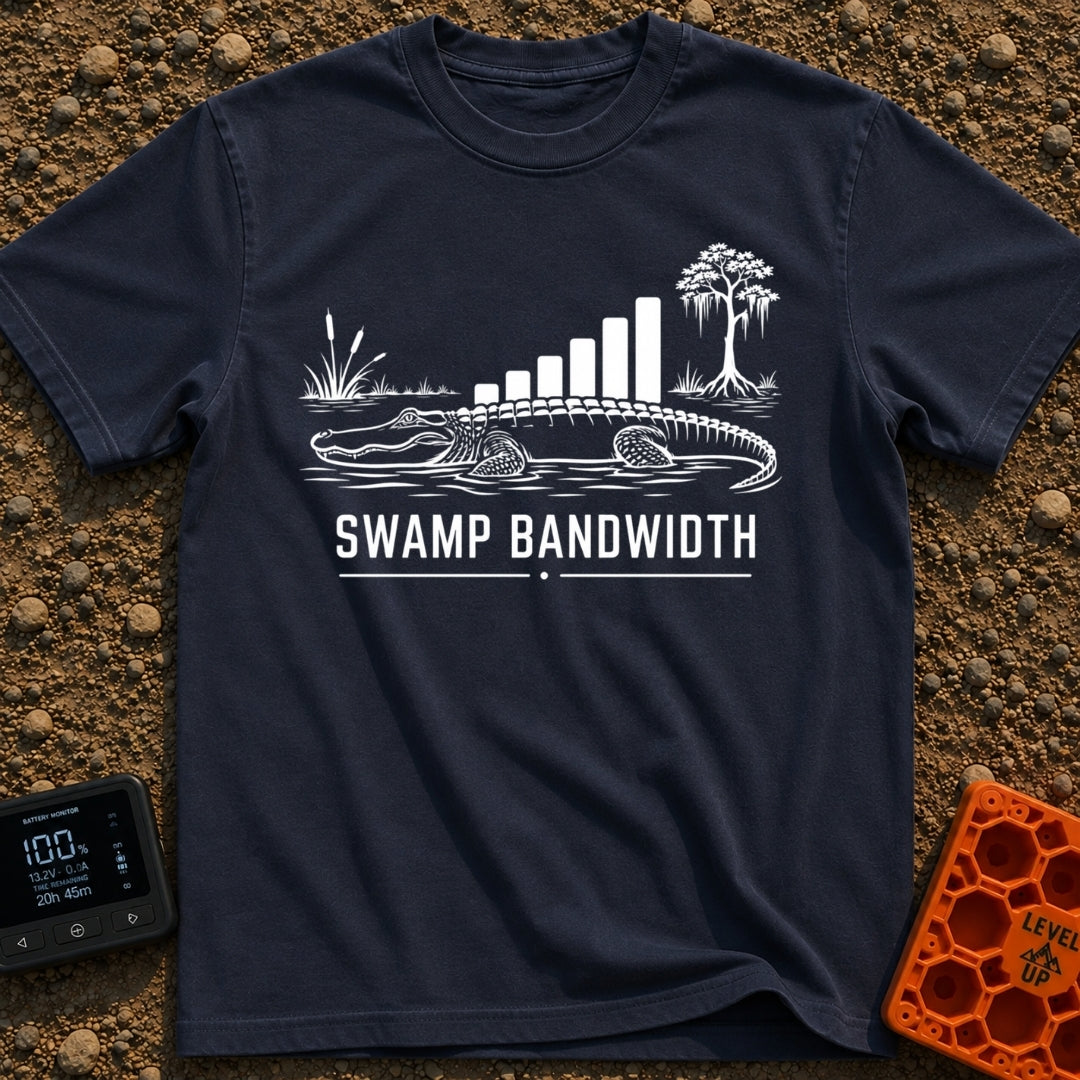 Buffering In The Bayou - T-Shirt in Navy - A black and white illustration of an alligator in water with swamp vegetation,...