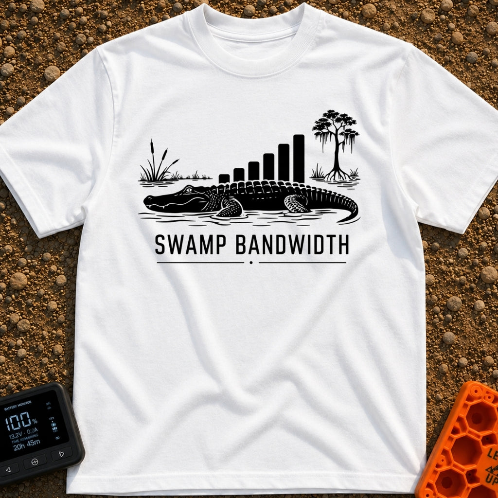 Buffering In The Bayou - T-Shirt in White - A black and white illustration of an alligator in water with swamp...