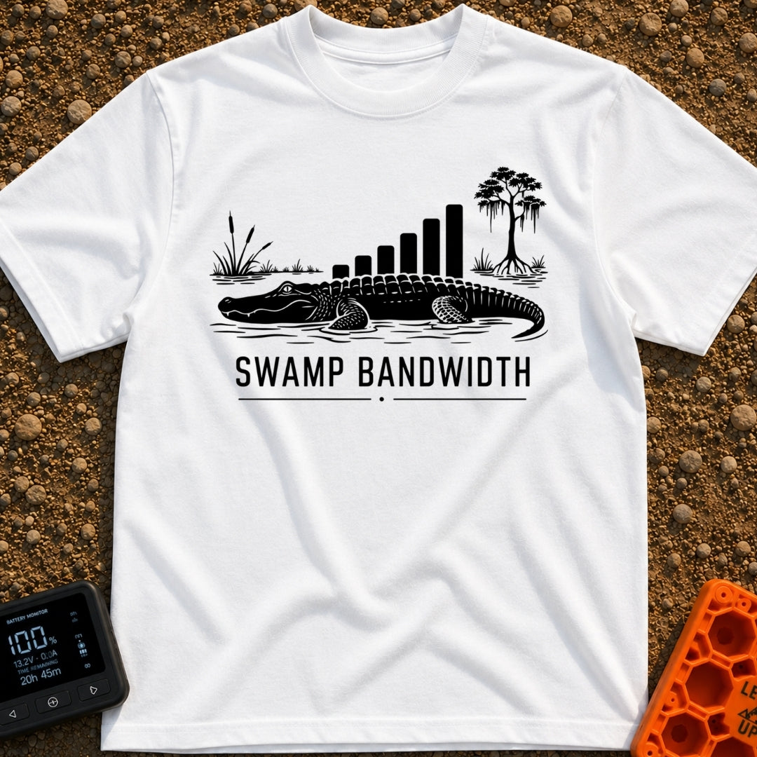 Buffering In The Bayou - T-Shirt in White - A black and white illustration of an alligator in water with swamp...