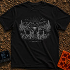 Great Minds Sync Alike - T-Shirt in Black - A line-art drawing showing a man and a large dog sitting side-by-side in...