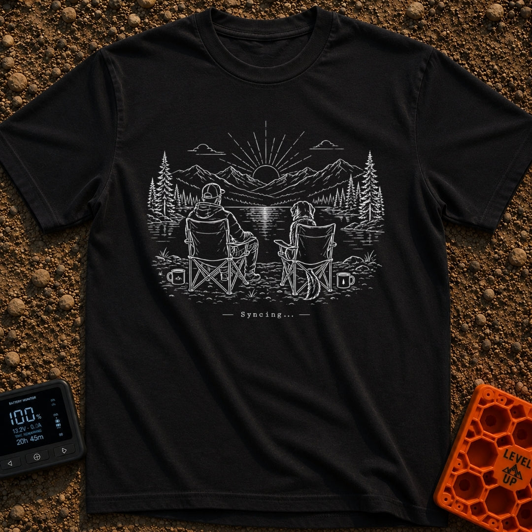 Great Minds Sync Alike - T-Shirt in Black - A line-art drawing showing a man and a large dog sitting side-by-side in...