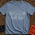 Great Minds Sync Alike - T-Shirt in Blue Jean - A line-art drawing showing a man and a large dog sitting side-by-side in...