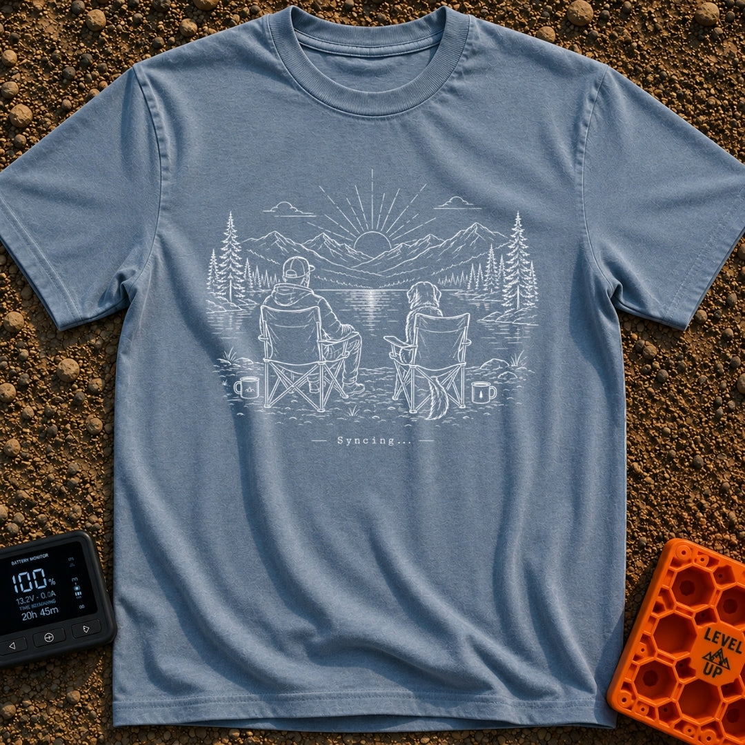 Great Minds Sync Alike - T-Shirt in Blue Jean - A line-art drawing showing a man and a large dog sitting side-by-side in...