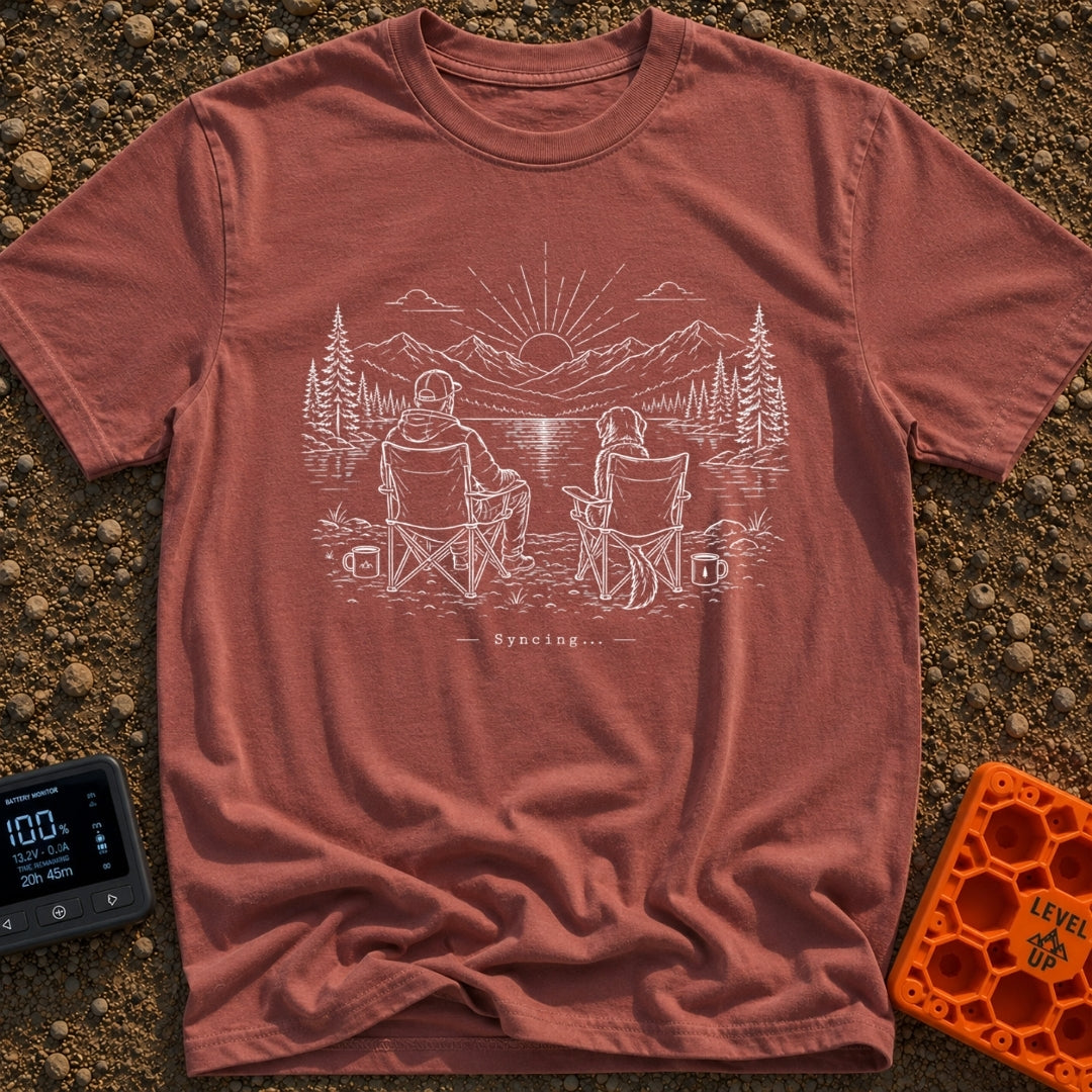 Great Minds Sync Alike - T-Shirt in Brick - A line-art drawing showing a man and a large dog sitting side-by-side in...