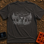 Great Minds Sync Alike - T-Shirt in Graphite - A line-art drawing showing a man and a large dog sitting side-by-side in...