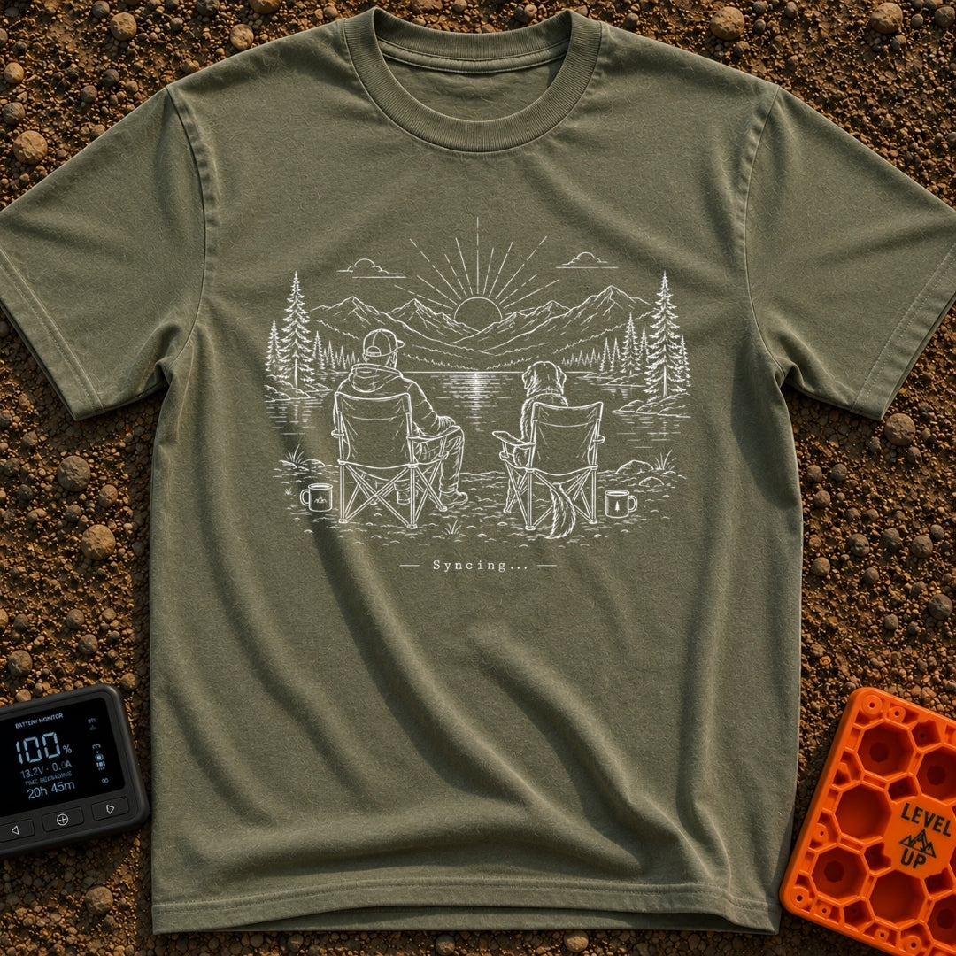 Great Minds Sync Alike - T-Shirt in Moss - A line-art drawing showing a man and a large dog sitting side-by-side in...