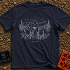 Great Minds Sync Alike - T-Shirt in Navy - A line-art drawing showing a man and a large dog sitting side-by-side in...