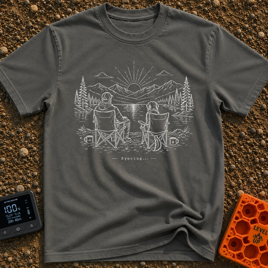 Great Minds Sync Alike - T-Shirt in Pepper - A line-art drawing showing a man and a large dog sitting side-by-side in...