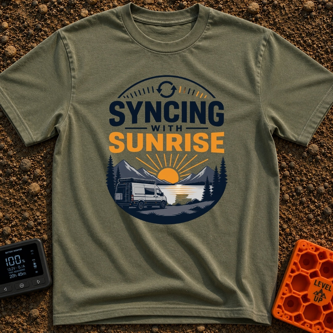 Rise And Sync - T-Shirt in Moss - A circular badge design featuring a white camper van parked by a lake with mountains...