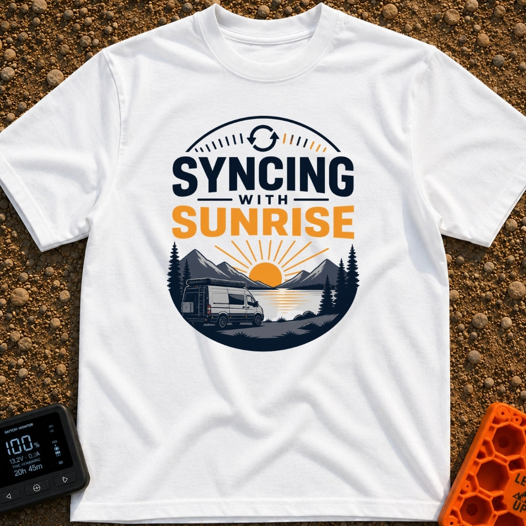 Rise And Sync - T-Shirt in White - A circular badge design featuring a white camper van parked by a lake with mountains...