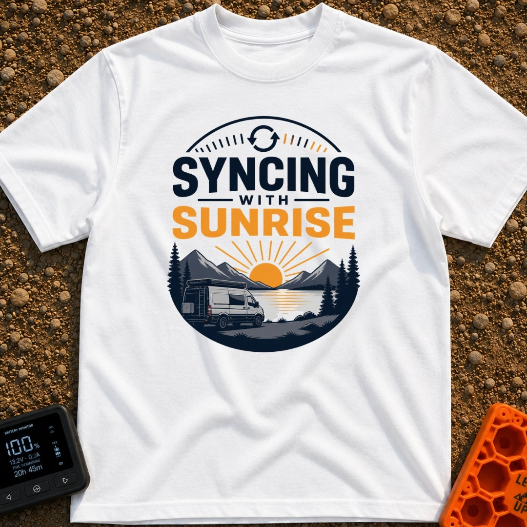 Rise And Sync - T-Shirt in White - A circular badge design featuring a white camper van parked by a lake with mountains...