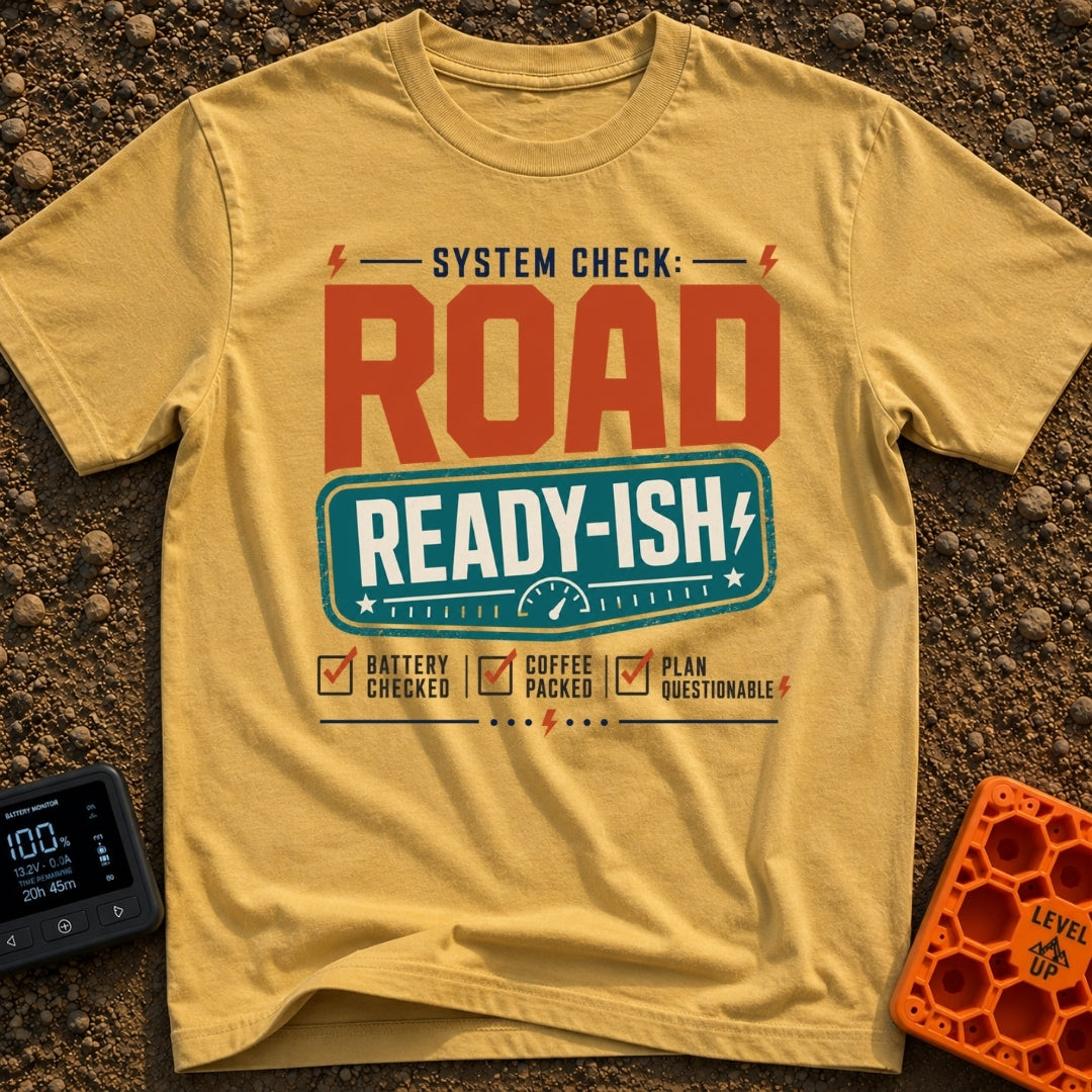 Road Ready Ish - T-Shirt in Mustard - A typographic design with the text "SYSTEM CHECK: ROAD READY-ISH" above three...