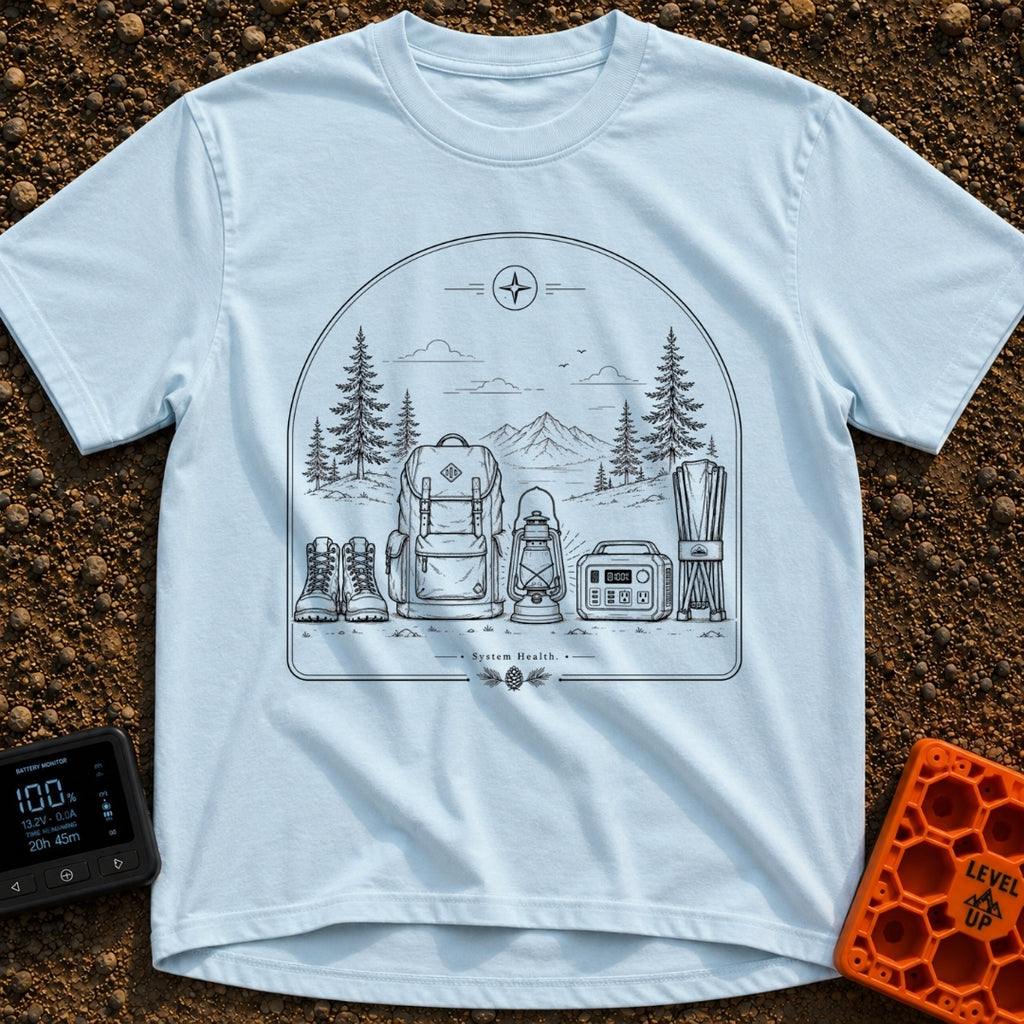 Full System Restore - T-Shirt in Chambray - A black-and-white line drawing showing outdoor gear lined up in the...