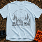 Full System Restore - T-Shirt in Chambray - A black-and-white line drawing showing outdoor gear lined up in the...