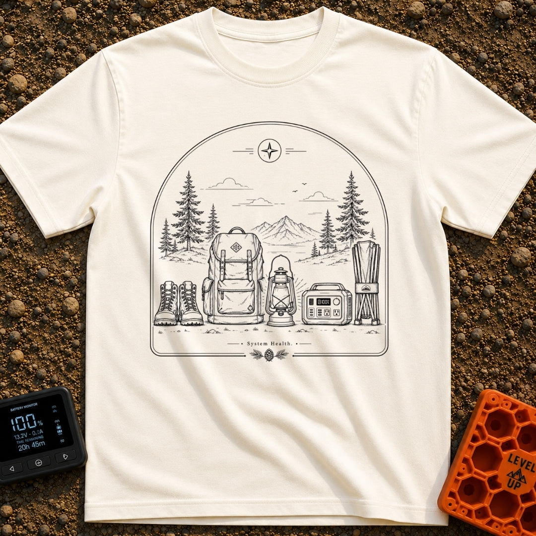 Full System Restore - T-Shirt in Ivory - A black-and-white line drawing showing outdoor gear lined up in the foreground,...