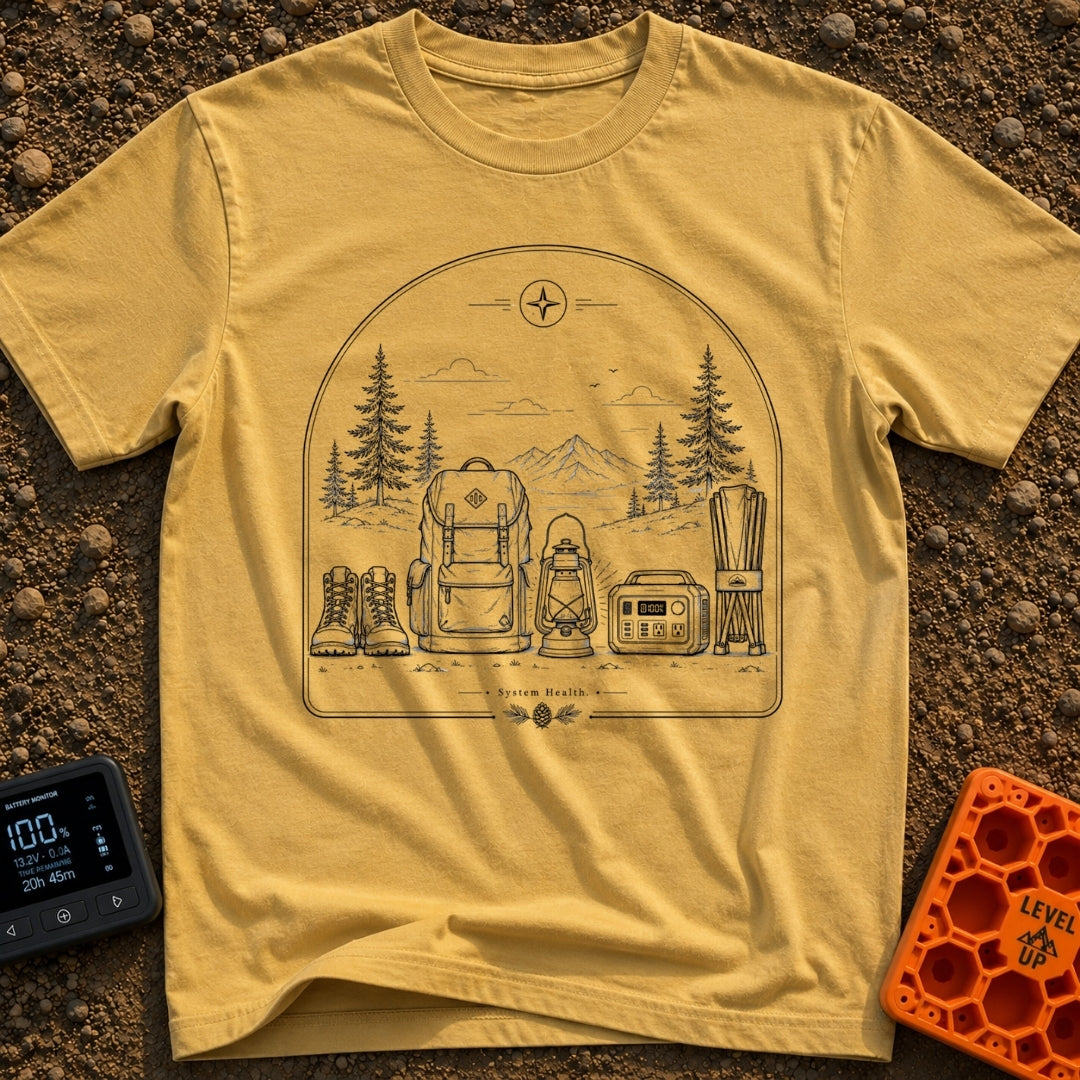 Full System Restore - T-Shirt in Mustard - A black-and-white line drawing showing outdoor gear lined up in the...