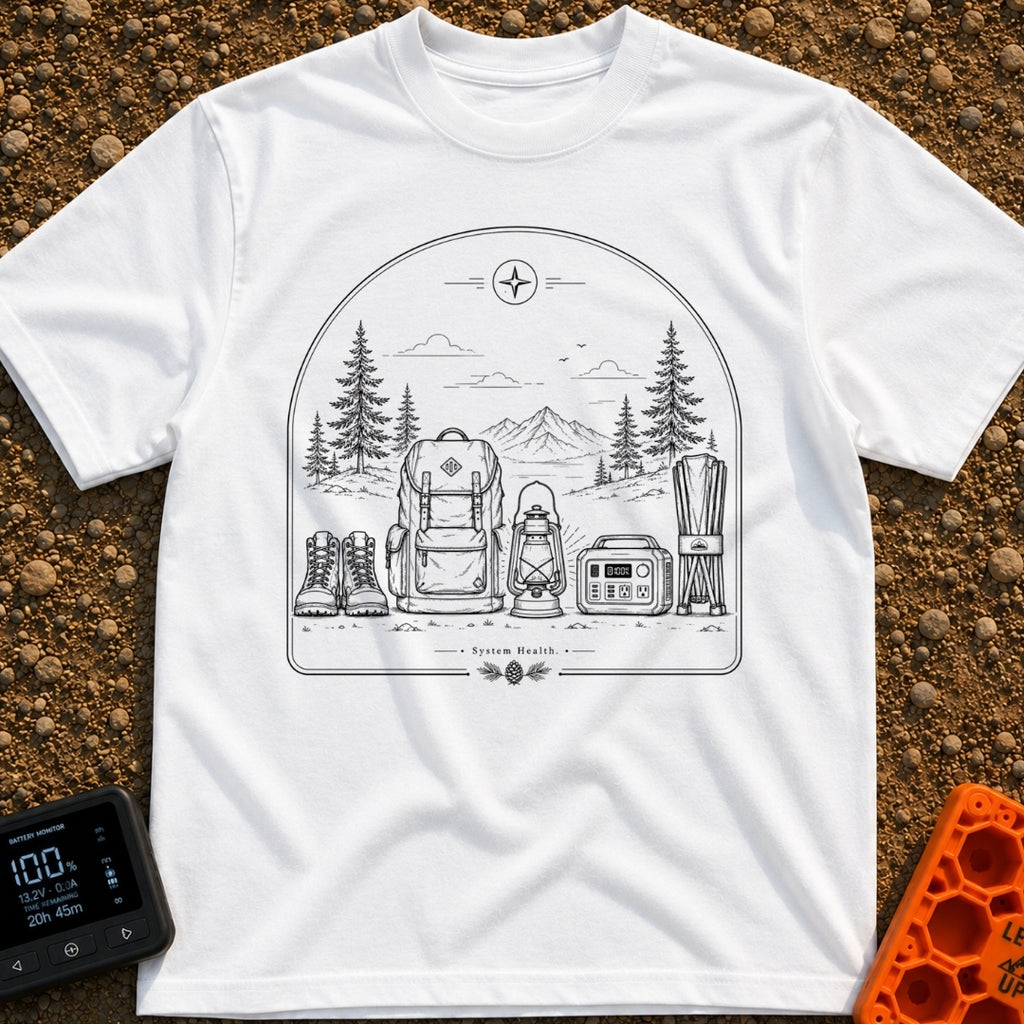 Full System Restore - T-Shirt in White - A black-and-white line drawing showing outdoor gear lined up in the foreground,...