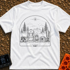 Full System Restore - T-Shirt in White - A black-and-white line drawing showing outdoor gear lined up in the foreground,...