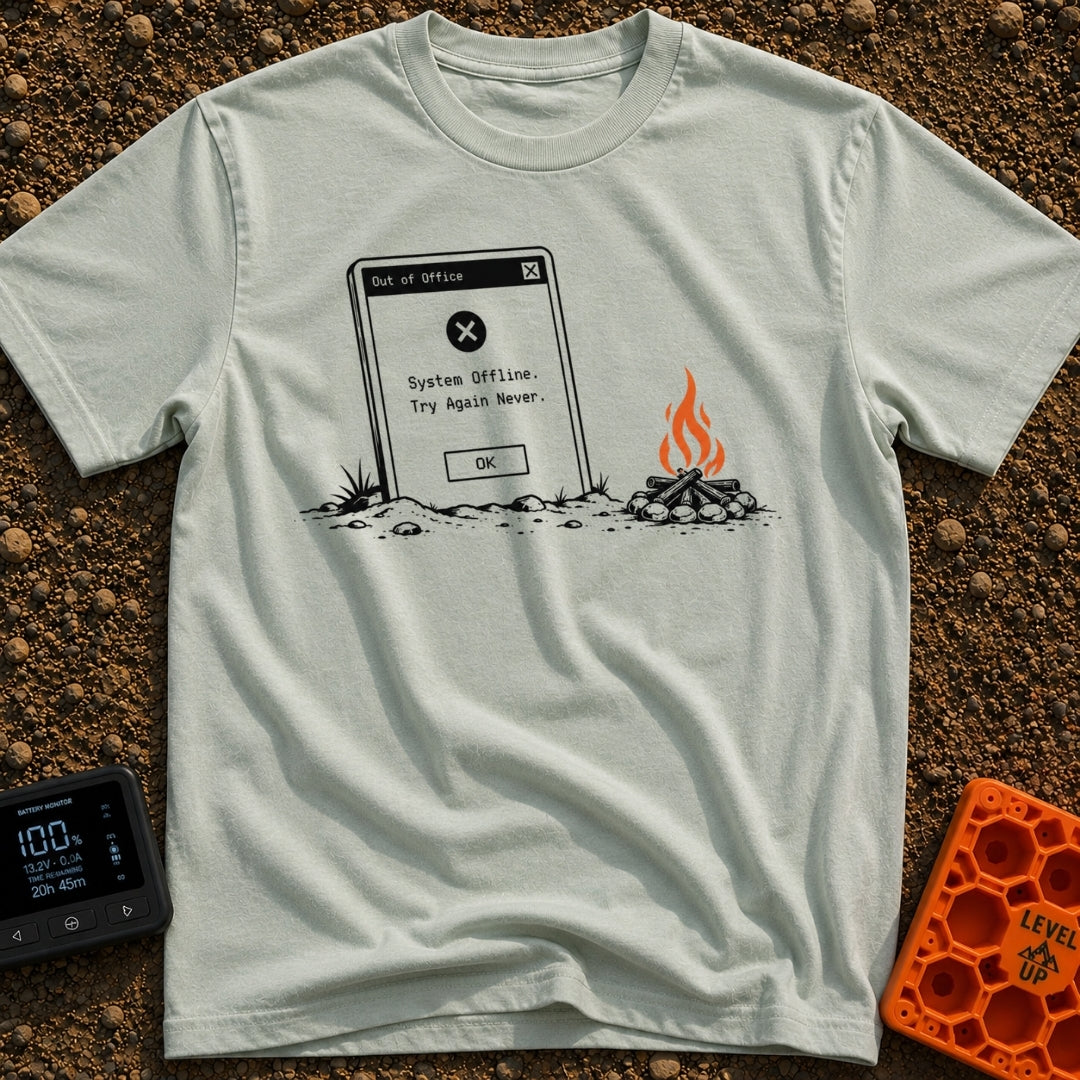 Try Again Never - T-Shirt in Bay - A large computer dialog box partially buried in the ground displaying an 'Out of...