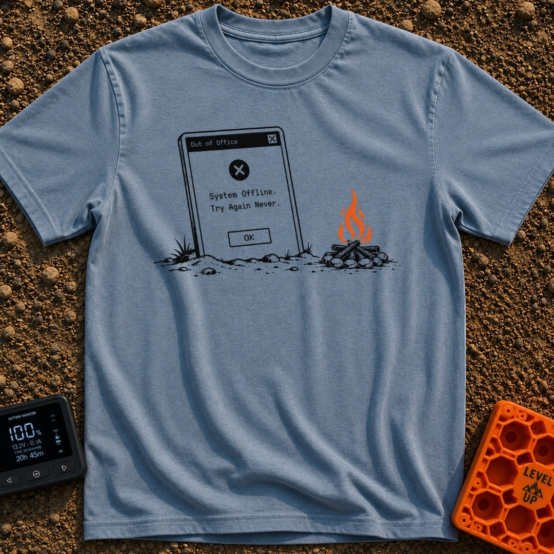 Try Again Never - T-Shirt in Blue Jean - A large computer dialog box partially buried in the ground displaying an 'Out of...