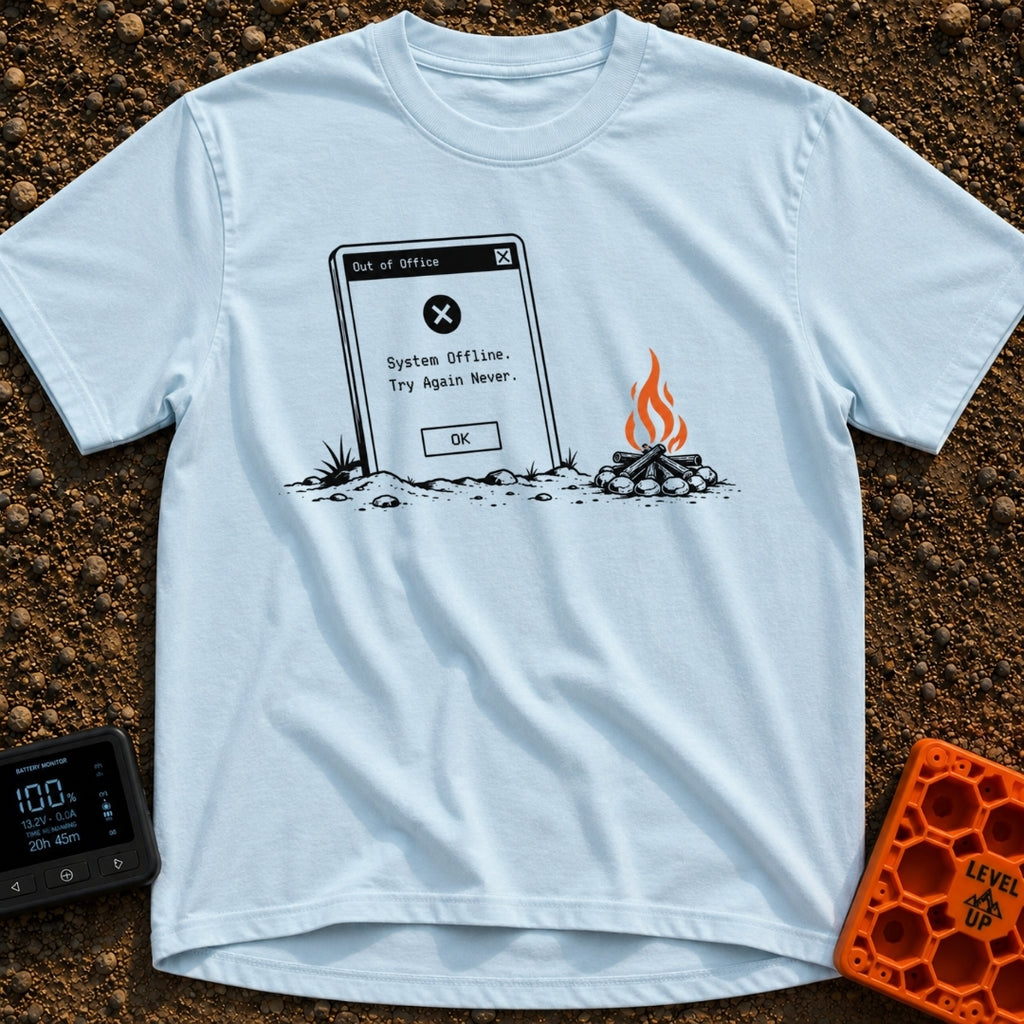 Try Again Never - T-Shirt in Chambray - A large computer dialog box partially buried in the ground displaying an 'Out of...