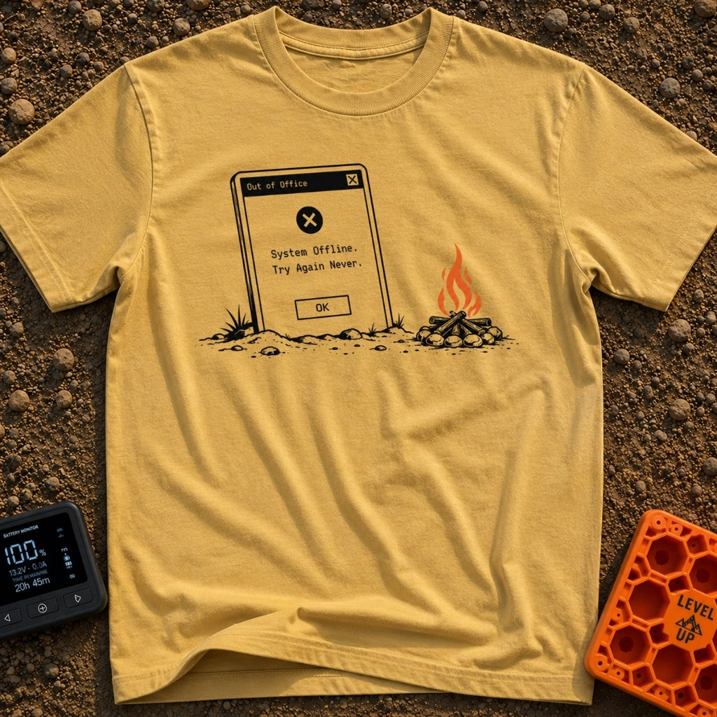 Try Again Never - T-Shirt in Mustard - A large computer dialog box partially buried in the ground displaying an 'Out of...