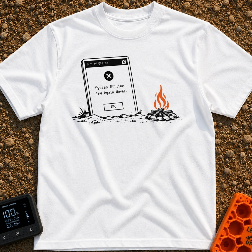 Try Again Never - T-Shirt in White - A large computer dialog box partially buried in the ground displaying an 'Out of...
