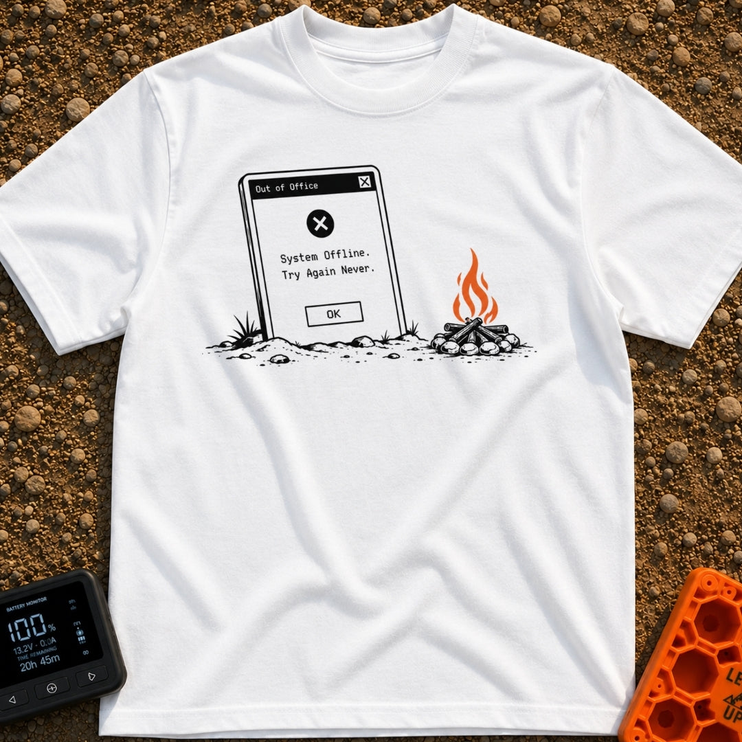 Try Again Never - T-Shirt in White - A large computer dialog box partially buried in the ground displaying an 'Out of...