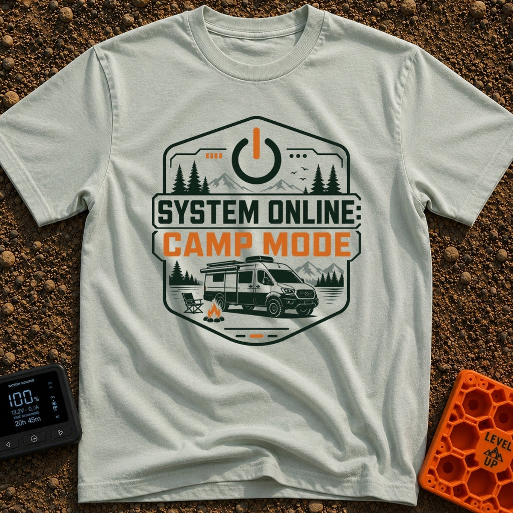 Camp Mode Activated - T-Shirt in Bay - A badge-style illustration showing a camper van parked near a campfire and an...