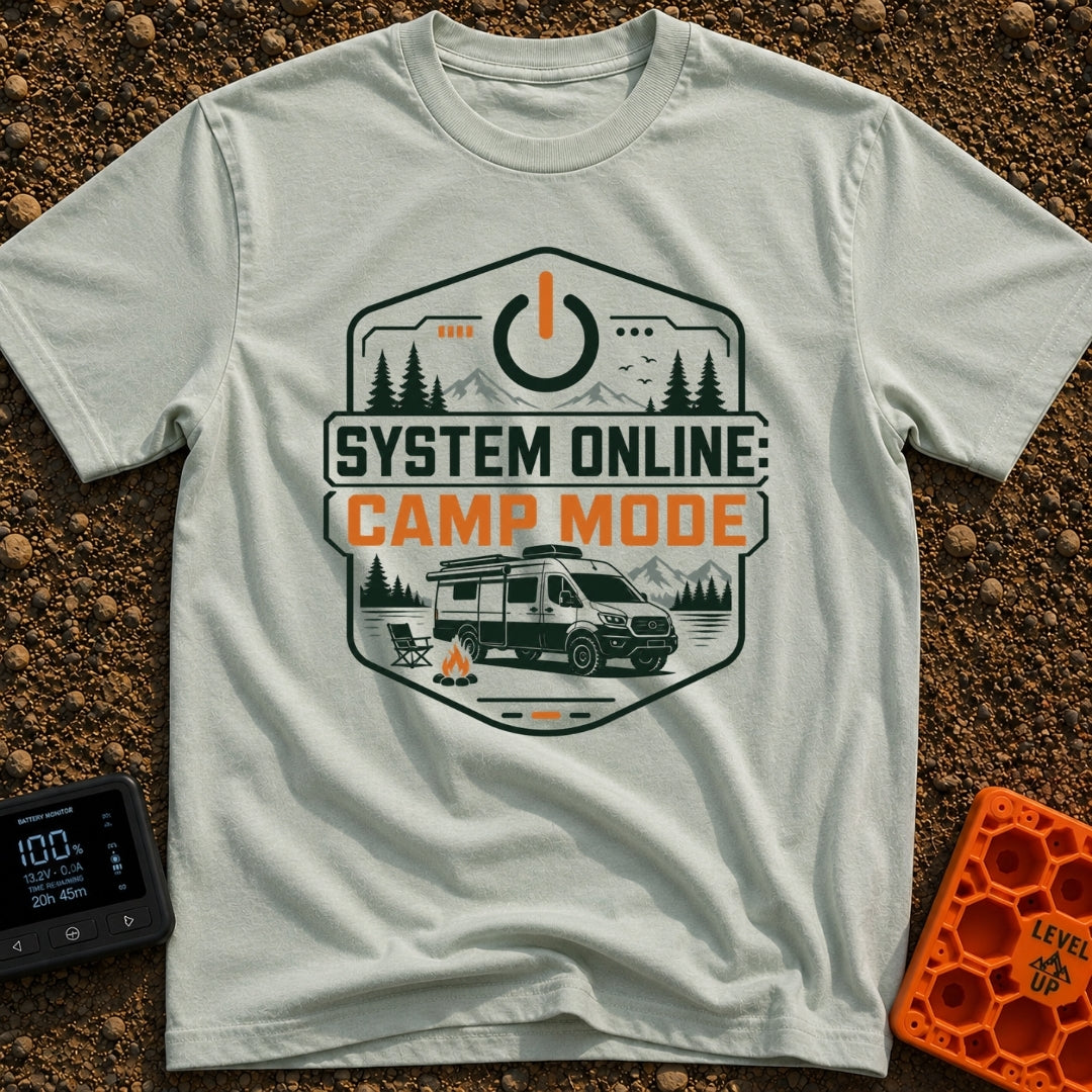 Camp Mode Activated - T-Shirt in Bay - A badge-style illustration showing a camper van parked near a campfire and an...