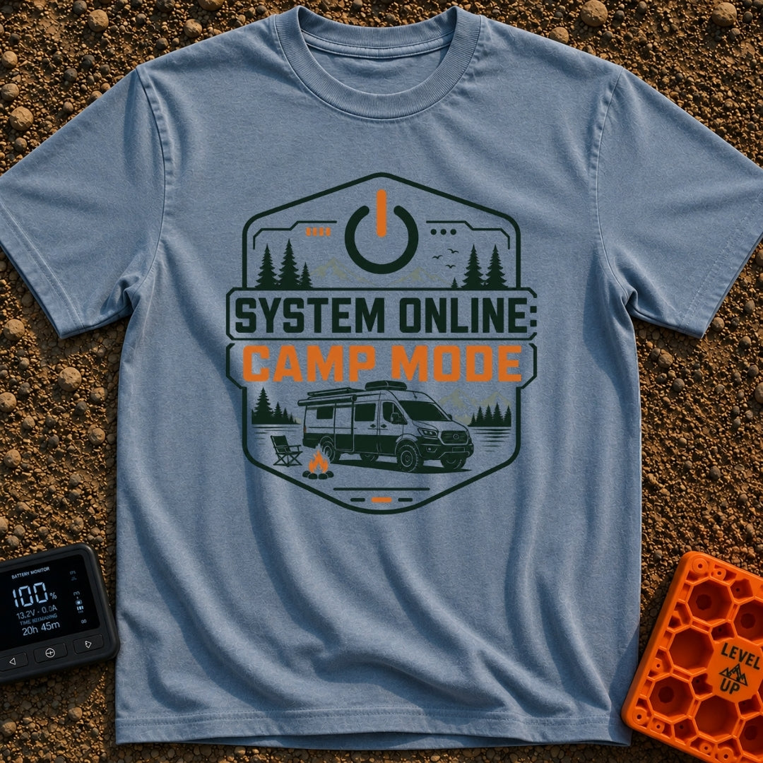 Camp Mode Activated - T-Shirt in Blue Jean - A badge-style illustration showing a camper van parked near a campfire and...