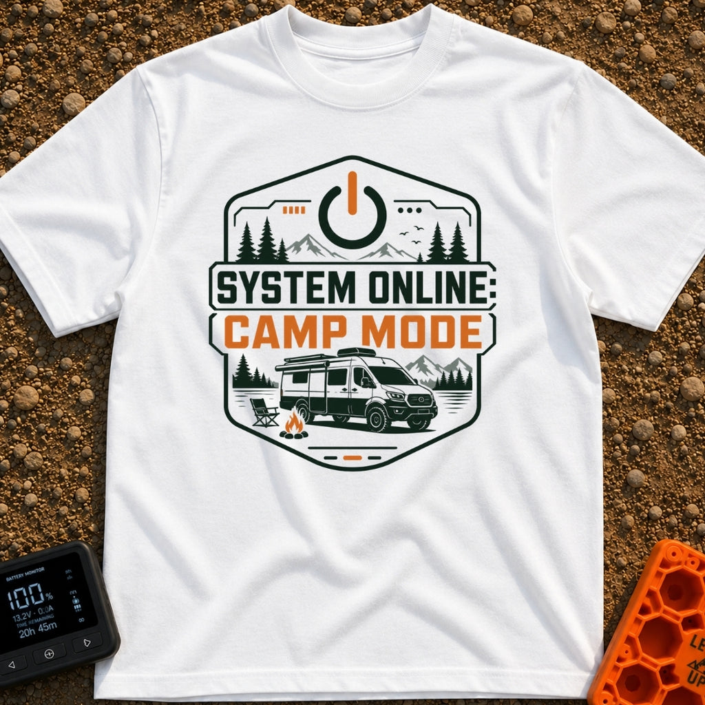 Camp Mode Activated - T-Shirt in White - A badge-style illustration showing a camper van parked near a campfire and an...