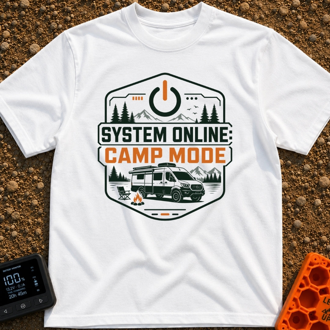 Camp Mode Activated - T-Shirt in White - A badge-style illustration showing a camper van parked near a campfire and an...