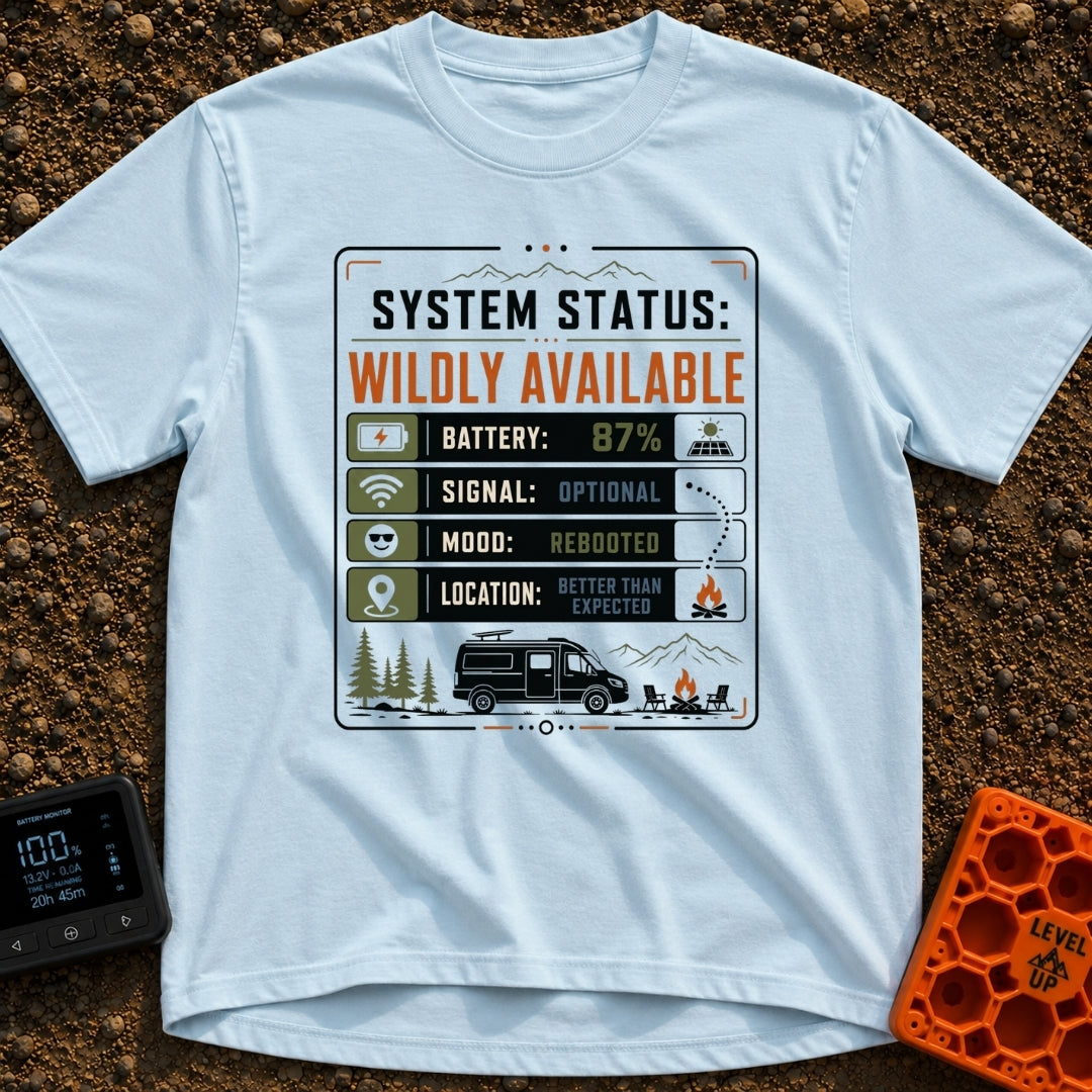 Status Wildly Available - T-Shirt in Chambray - A graphic resembling a digital system status monitor with readouts for...