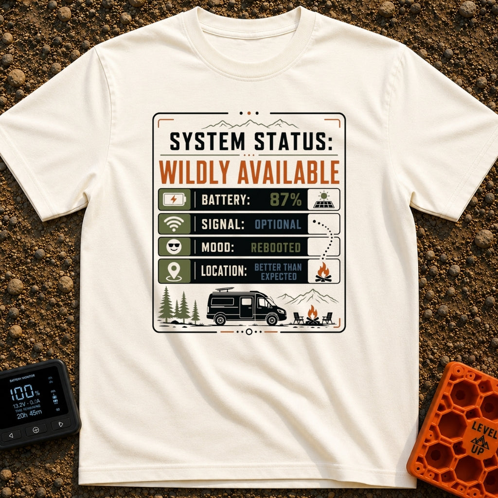 Status Wildly Available - T-Shirt in Ivory - A graphic resembling a digital system status monitor with readouts for...