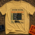 Status Wildly Available - T-Shirt in Mustard - A graphic resembling a digital system status monitor with readouts for...