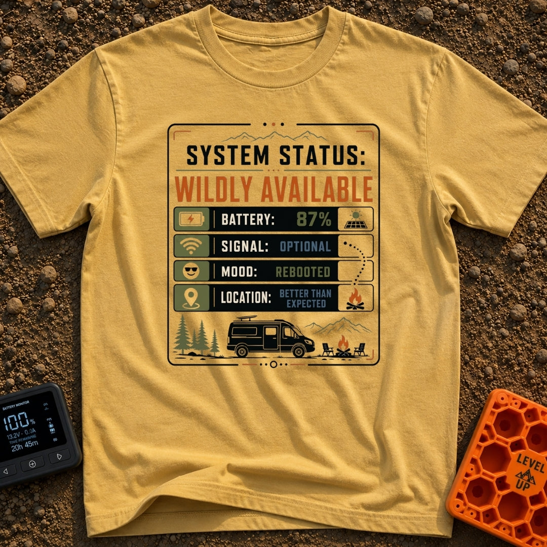 Status Wildly Available - T-Shirt in Mustard - A graphic resembling a digital system status monitor with readouts for...