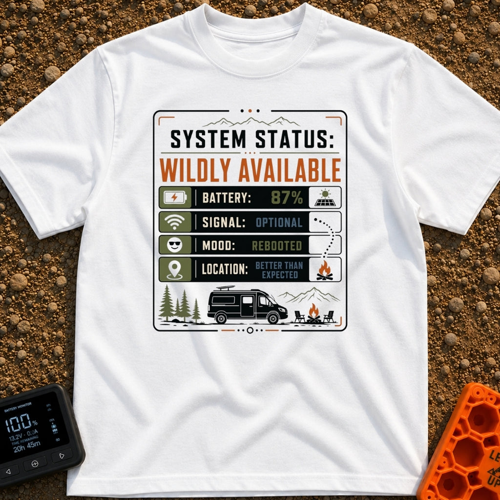 Status Wildly Available - T-Shirt in White - A graphic resembling a digital system status monitor with readouts for...