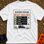 Status Wildly Available - T-Shirt in White - A graphic resembling a digital system status monitor with readouts for...