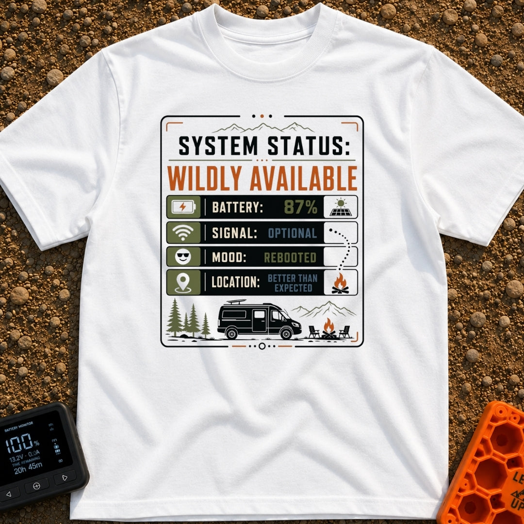 Status Wildly Available - T-Shirt in White - A graphic resembling a digital system status monitor with readouts for...