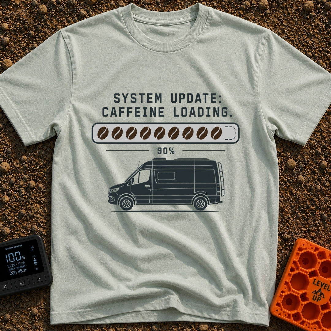 Caffeine System Update - T-Shirt in Bay - The image shows the text "SYSTEM UPDATE: CAFFEINE LOADING." above a progress...