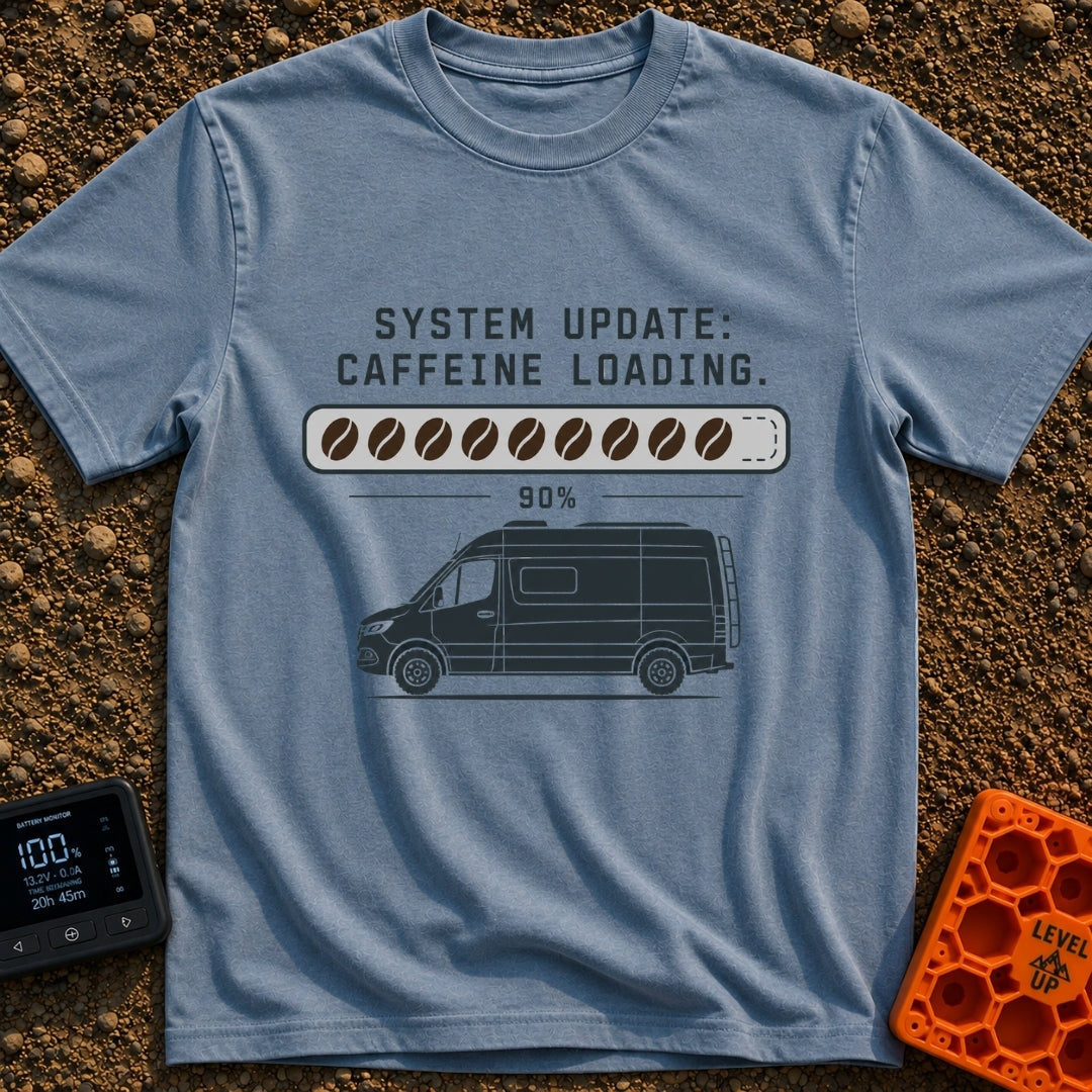 Caffeine System Update - T-Shirt in Blue Jean - The image shows the text "SYSTEM UPDATE: CAFFEINE LOADING." above a...