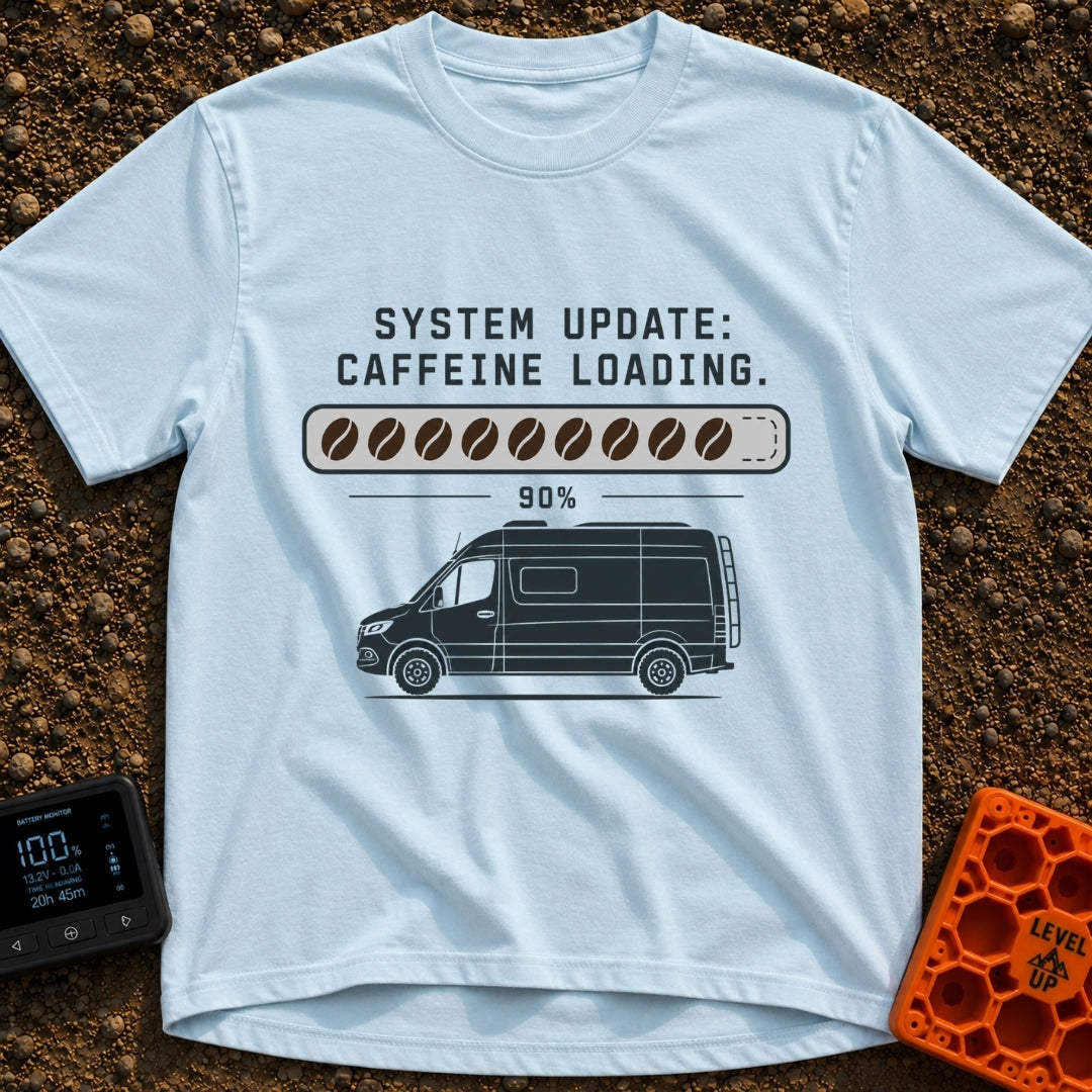 Caffeine System Update - T-Shirt in Chambray - The image shows the text "SYSTEM UPDATE: CAFFEINE LOADING." above a...