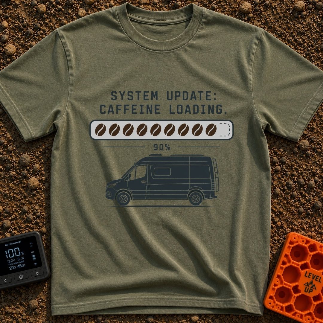 Caffeine System Update - T-Shirt in Moss - The image shows the text "SYSTEM UPDATE: CAFFEINE LOADING." above a progress...