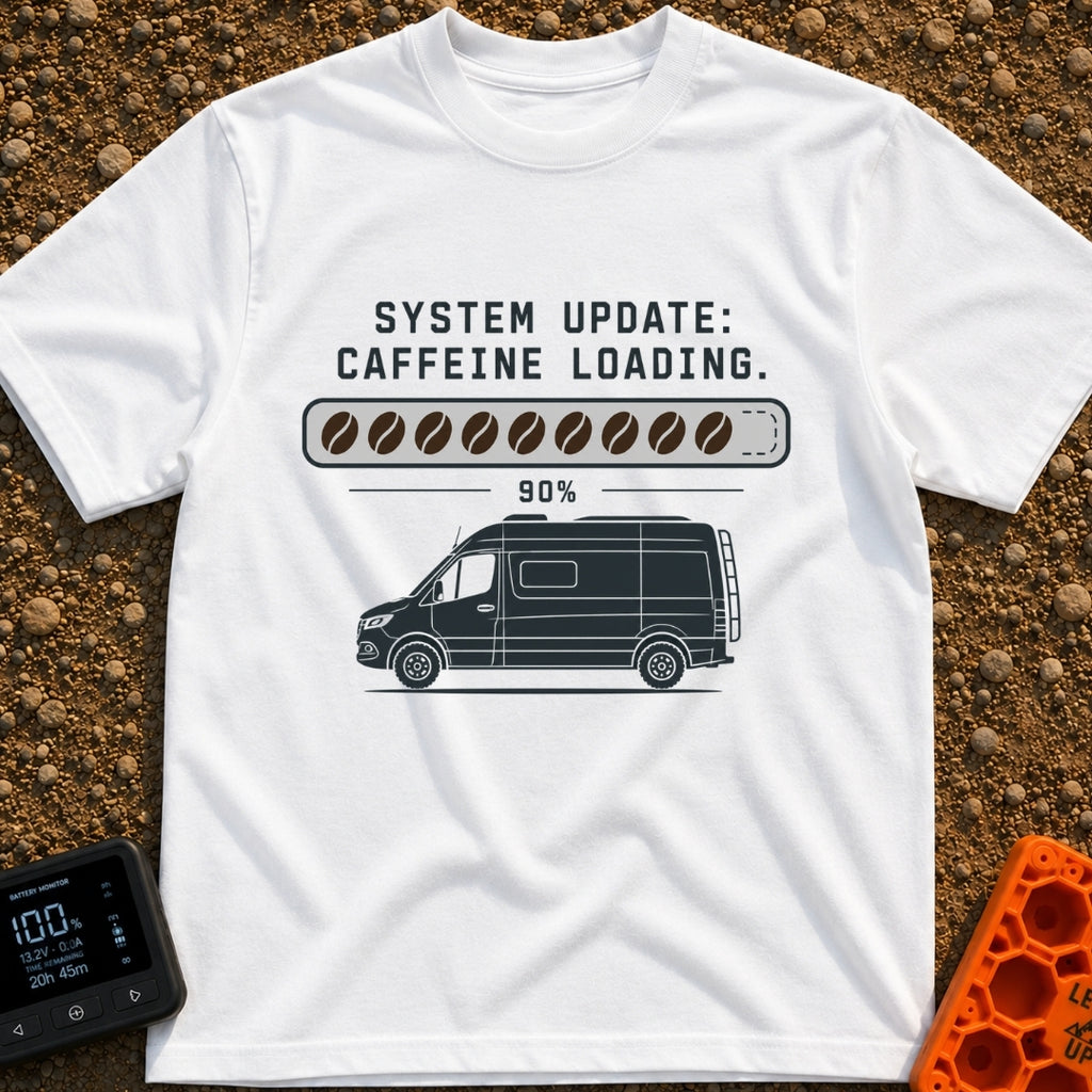 Caffeine System Update - T-Shirt in White - The image shows the text "SYSTEM UPDATE: CAFFEINE LOADING." above a progress...