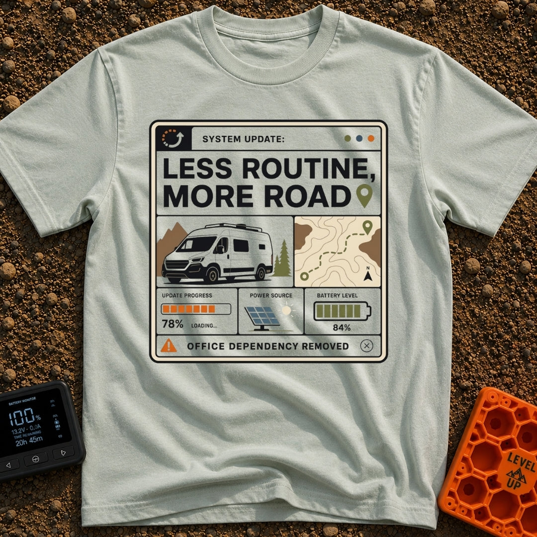 Less Routine More Road - T-Shirt in Bay - A graphic styled like a computer interface window containing the text 'SYSTEM...