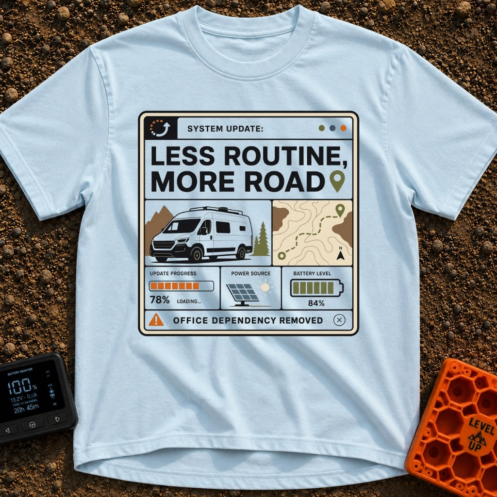 Less Routine More Road - T-Shirt in Chambray - A graphic styled like a computer interface window containing the text...