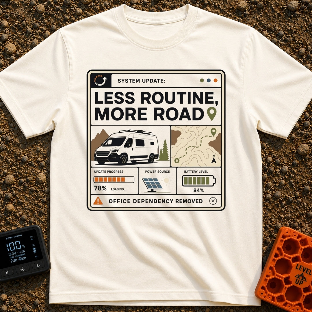 Less Routine More Road - T-Shirt in Ivory - A graphic styled like a computer interface window containing the text 'SYSTEM...