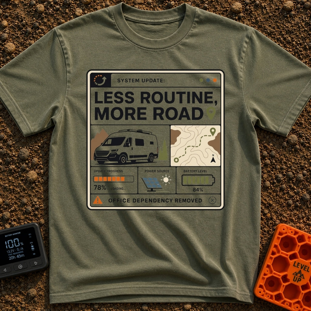 Less Routine More Road - T-Shirt in Moss - A graphic styled like a computer interface window containing the text 'SYSTEM...