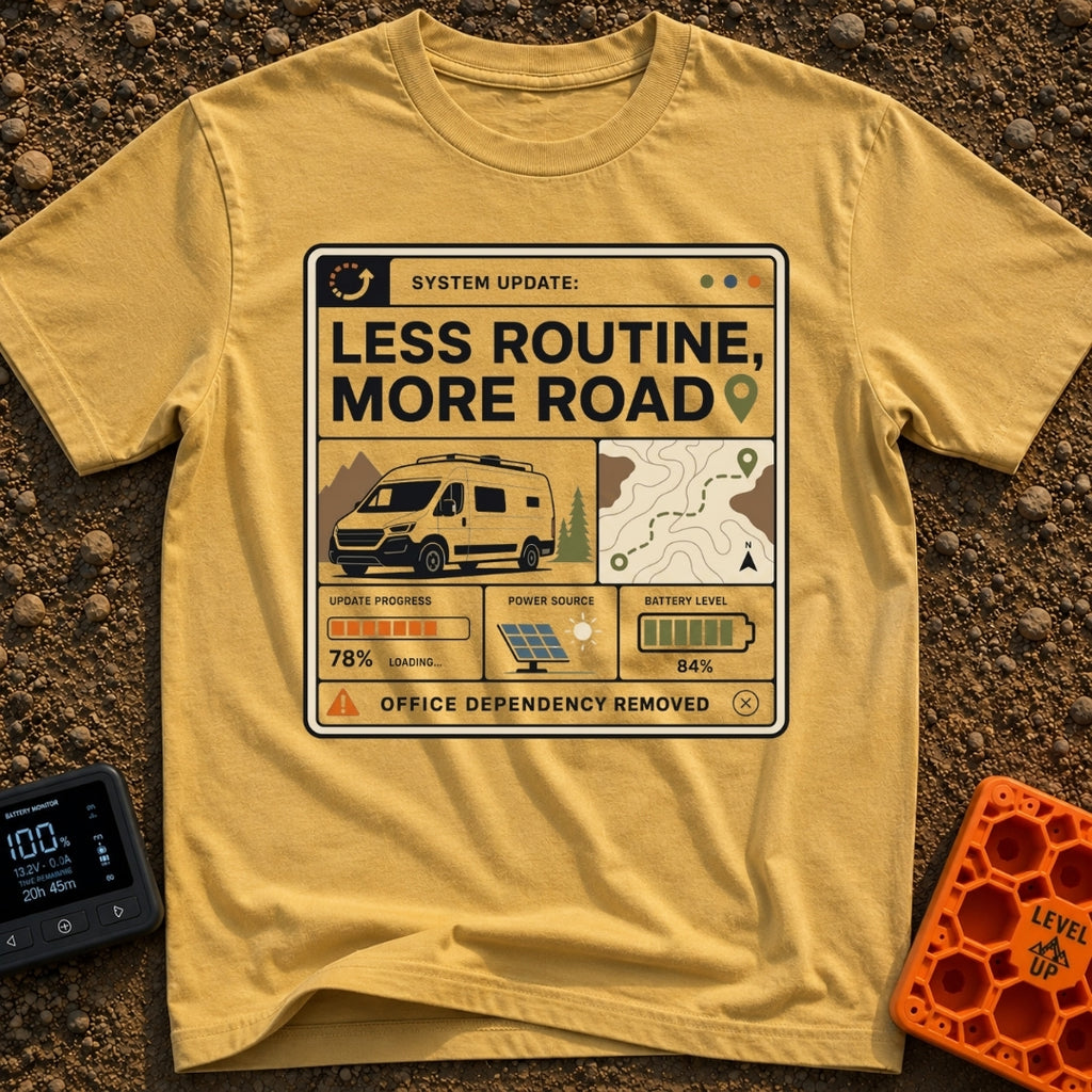 Less Routine More Road - T-Shirt in Mustard - A graphic styled like a computer interface window containing the text...